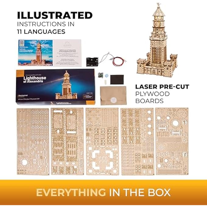 LIGHTHOUSE OF ALEXANDRIA 3D WOODEN PUZZLE FOR ADULTS  WOODEN MODEL KIT WITH LED NIGHT LIGHT, DIY BUILDING HOBBY SET, ANCIENT WORLD LANDMARK, HOME DECOR, BRAIN TEASER, CREATIVE - Image 4